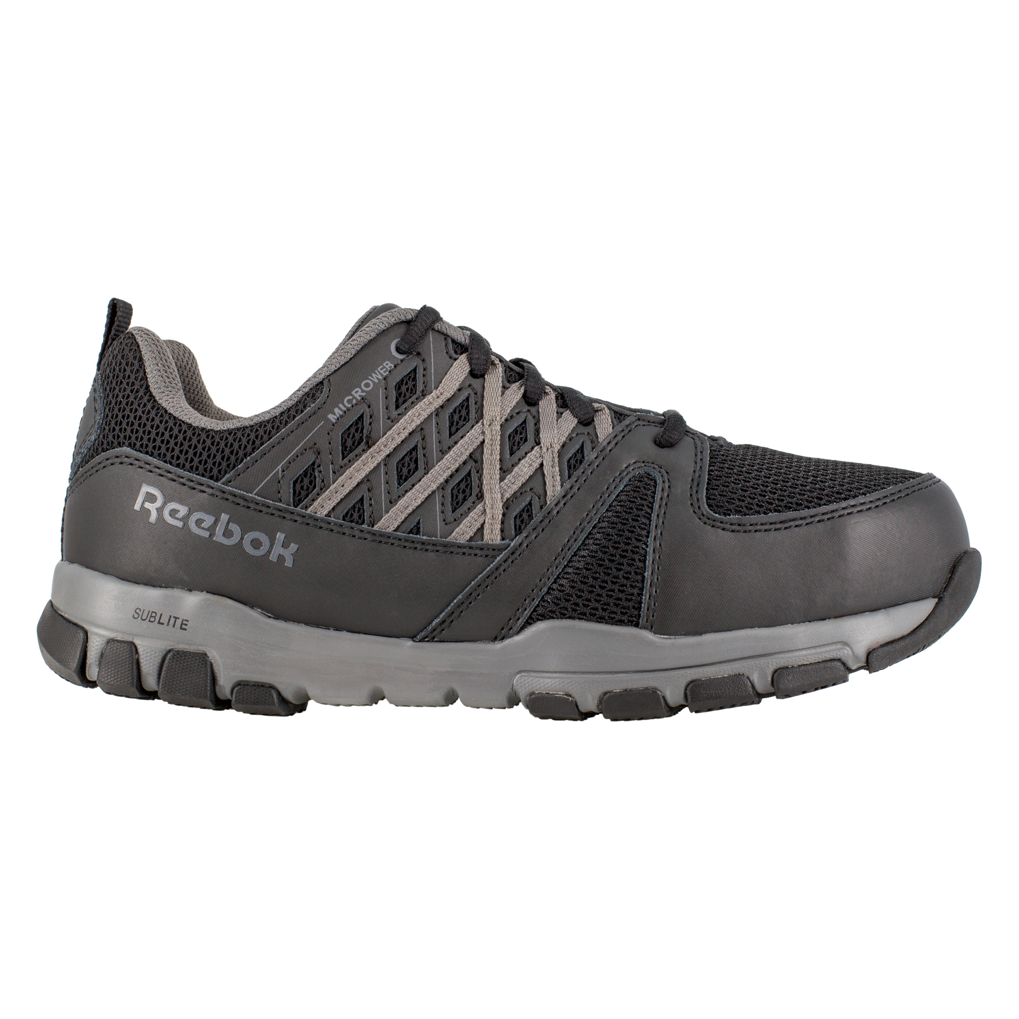 Reebok, Athletic Work Shoe, Size 7 1/2, Width Wide, Color Black with Grey Trim, Model# RB4016